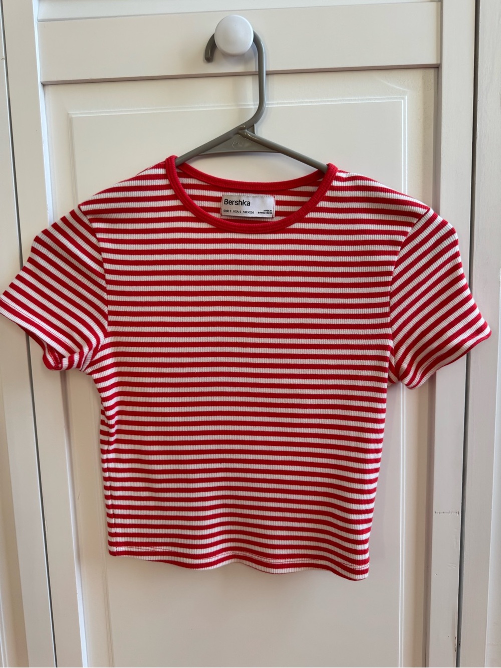 Bershka Red and White Striped Short Sleeve Tee